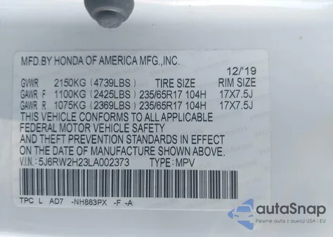 2020 Honda Cr-V Awd Lx z USA, uszkodzony, nr VIN 5J6RW2H23LA002373
